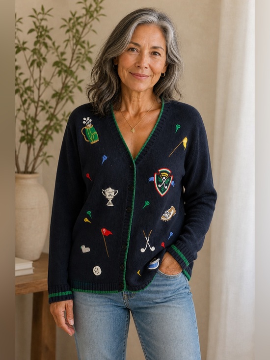 Talbots Sweaters - Talbots Petite Vintage Golf Cardigan Embroidered Navy Sz small